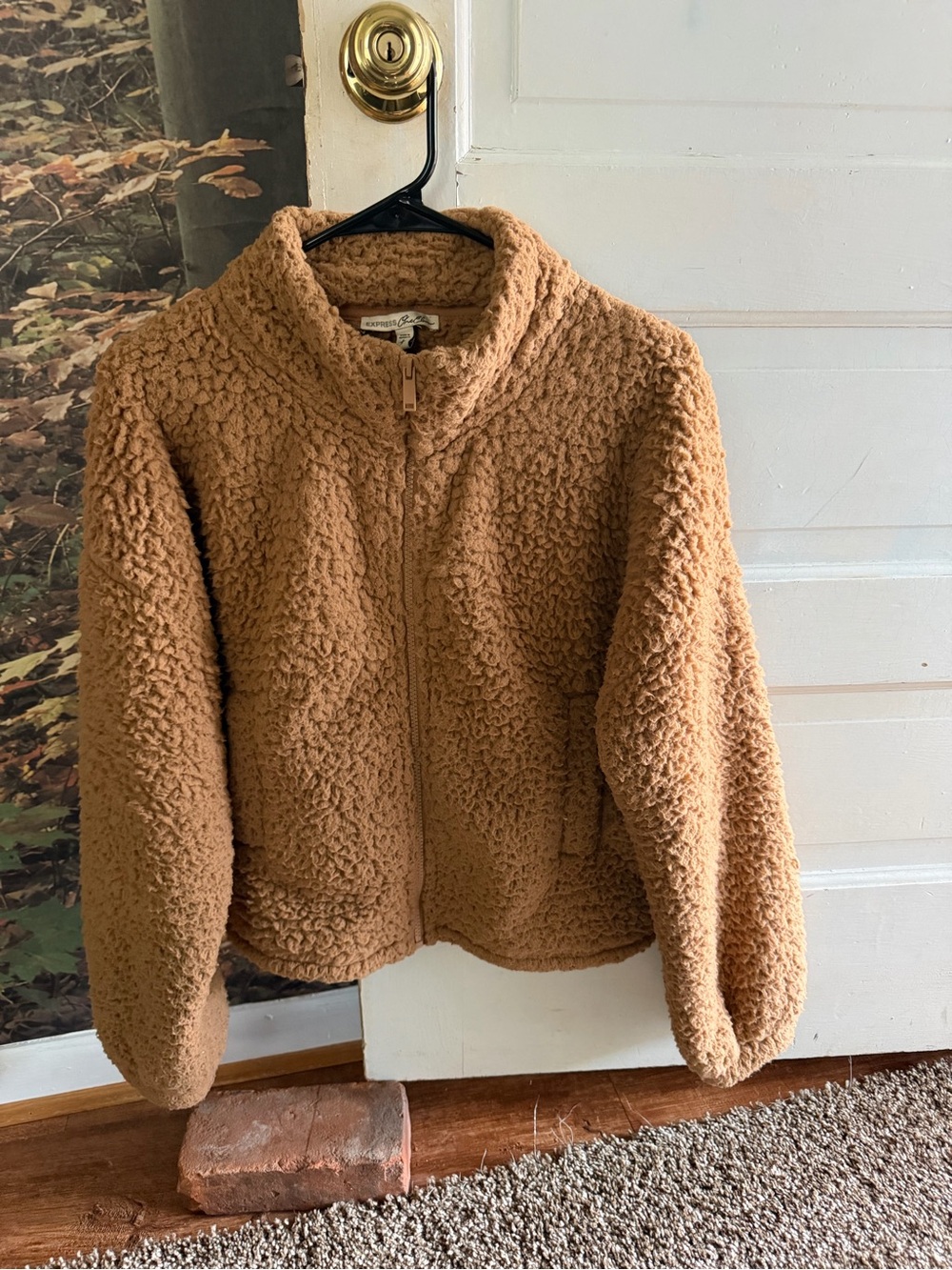 Express Cozy Teddy Zip-Up Jacket in Camel Size S